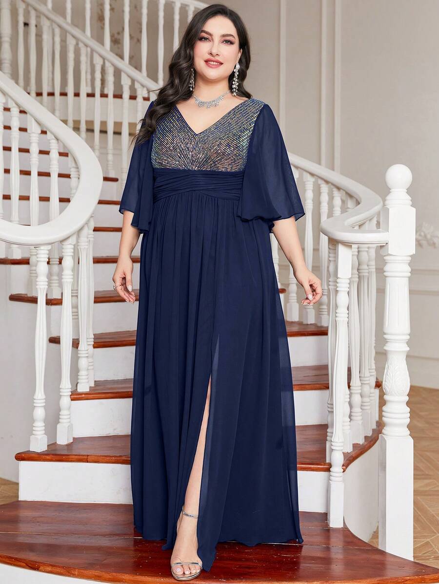 Trang phục phù dâu cho phụ nữ Plus ghép mộng kim sa Tách cao Khối Màu - Xanh đậm - Xem 1