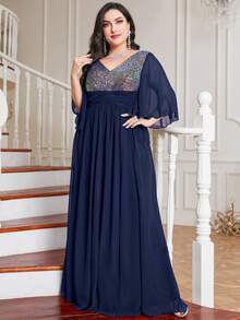 Trang phục phù dâu cho phụ nữ Plus ghép mộng kim sa Tách cao Khối Màu - Xanh đậm - Xem 3