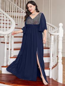 Trang phục phù dâu cho phụ nữ Plus ghép mộng kim sa Tách cao Khối Màu - Xanh đậm - Xem 4