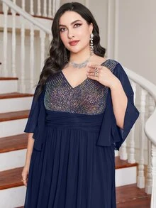 Trang phục phù dâu cho phụ nữ Plus ghép mộng kim sa Tách cao Khối Màu - Xanh đậm - Xem 6
