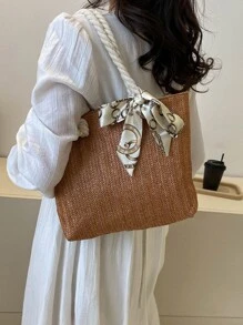 Small Straw Bag Vacation Skinny Scarf Decor - Brown - View 2