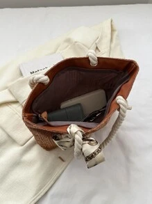 Small Straw Bag Vacation Skinny Scarf Decor - Brown - View 3
