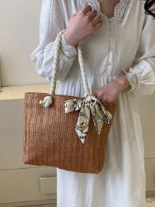 Small Straw Bag Vacation Skinny Scarf Decor - Brown - View 4