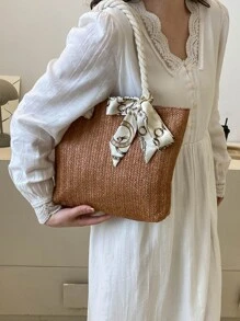 Small Straw Bag Vacation Skinny Scarf Decor - Brown - View 5