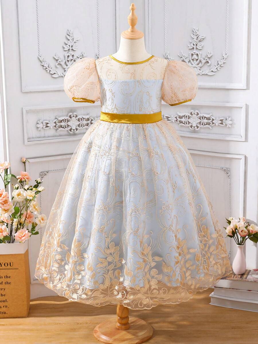 SHEIN Girls Floral Embroidery Puff Sleeve Mesh Overlay Dress - Multicolor - View 1