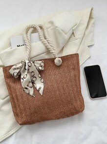 Small Straw Bag Vacation Skinny Scarf Decor - Brown - View 6