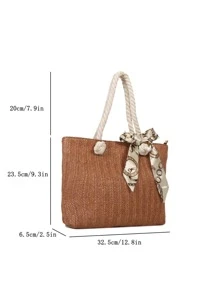 Small Straw Bag Vacation Skinny Scarf Decor - Brown - View 8