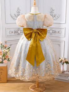 SHEIN Girls Floral Embroidery Puff Sleeve Mesh Overlay Dress - Multicolor - View 2