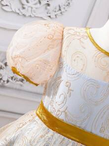 SHEIN Girls Floral Embroidery Puff Sleeve Mesh Overlay Dress - Multicolor - View 3