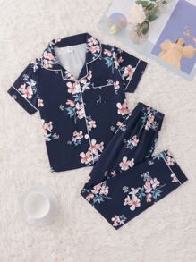 Girls Floral Print Contrast Piping PJ Set - Navy Blue - View 1