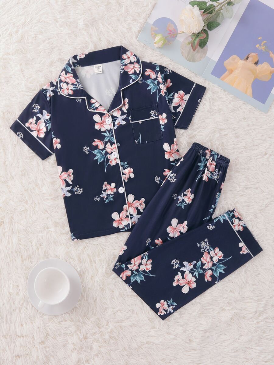 Girls Floral Print Contrast Piping PJ Set - Navy Blue - View 1