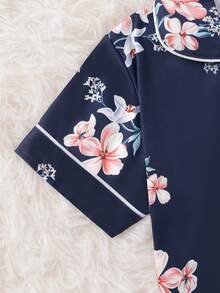 Girls Floral Print Contrast Piping PJ Set - Navy Blue - View 3
