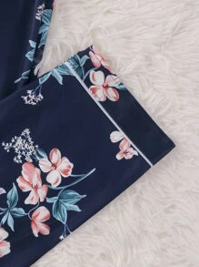 Girls Floral Print Contrast Piping PJ Set - Navy Blue - View 4
