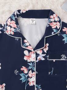 Girls Floral Print Contrast Piping PJ Set - Navy Blue - View 5
