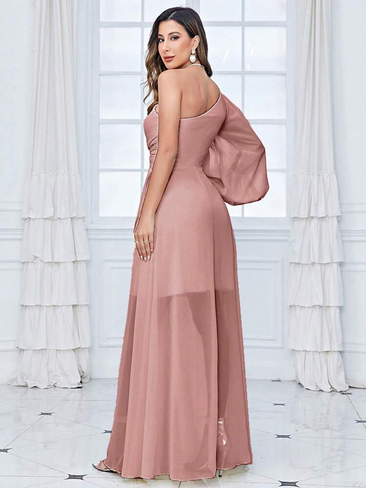 UNITHORSE One Shoulder Lantern Sleeve Twist Front Chiffon Bridesmaid Dress - Pink - View 2