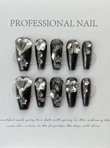 ROMWE Goth 10pcs Long Coffin 3D Flower Decor Fake Nail & 1sheet Tape - Multicolor - View 2