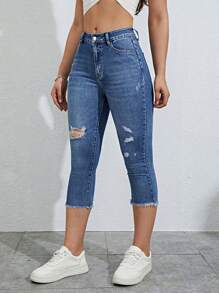 SHEIN Essnce Ripped Raw Hem Ripped Capri Skinny Capri Jeans - Dark Wash - View 1