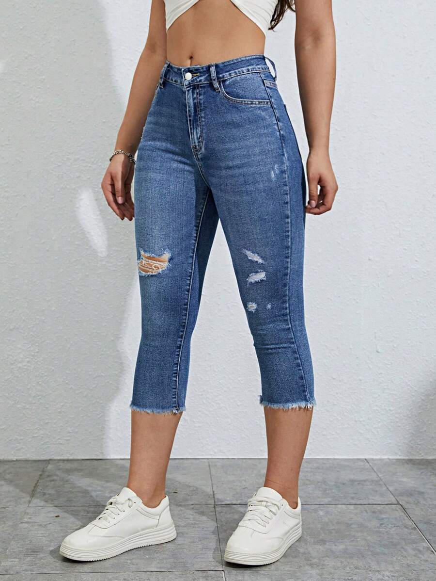 SHEIN Essnce Ripped Raw Hem Ripped Capri Skinny Capri Jeans - Dark Wash - View 1