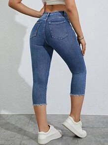 SHEIN Essnce Ripped Raw Hem Ripped Capri Skinny Capri Jeans - Dark Wash - View 2