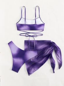 SHEIN Swim 夏季海滩渐变色比基尼套装交叉吊带上衣和低腰下装和罩裙两件套泳衣三件套比基尼套装紫色比基尼 - 紫色 - 查看 4