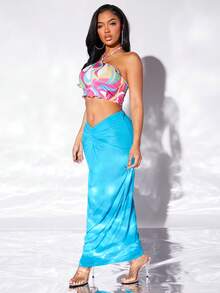 SHEIN SXY Falda unicolor girante delantero fruncido - Azul menta - Ver 3