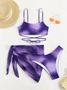 SHEIN Swim 夏季海滩渐变色比基尼套装交叉吊带上衣和低腰下装和罩裙两件套泳衣三件套比基尼套装紫色比基尼 - 紫色 - 查看 5