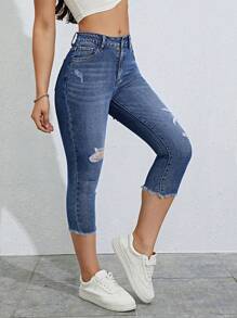 SHEIN Essnce Ripped Raw Hem Ripped Capri Skinny Capri Jeans - Dark Wash - View 3