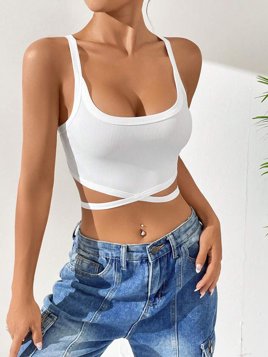 SHEIN EZwear 素色交叉吊帶短上衣 - 白色 - 查看 1