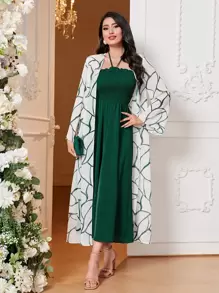 Modelyn Shirred Bodice Halter Dress & Geo Print Flounce Sleeve Coat 2 Piece Set - Multicolor - View 1