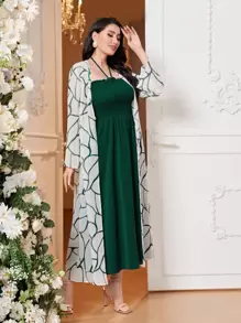 Modelyn Shirred Bodice Halter Dress & Geo Print Flounce Sleeve Coat 2 Piece Set - Multicolor - View 3