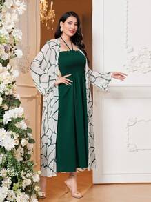 Modelyn Shirred Bodice Halter Dress & Geo Print Flounce Sleeve Coat 2 Piece Set - Multicolor - View 6