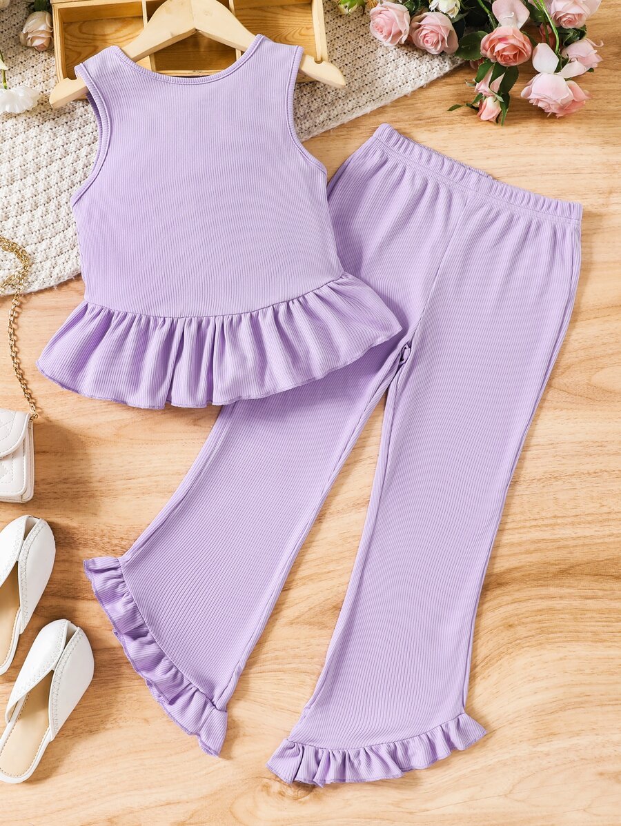 SHEIN Chicas bajo con fruncido Top tank & Pantalones acampanados - Lila Púrpura - Ver 1