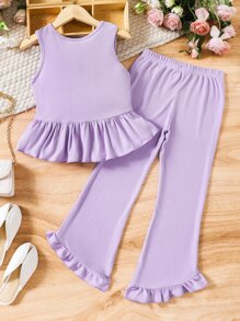 SHEIN Chicas bajo con fruncido Top tank & Pantalones acampanados - Lila Púrpura - Ver 2