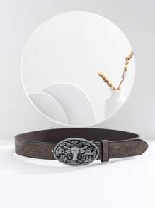 1入組男士編織圖案牛頭裝飾復古橢圓形搭扣腰帶適用於日常 - 駝色 - 查看 1