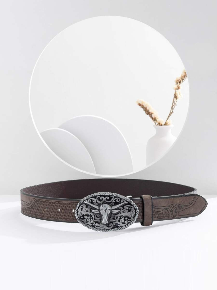 1入組男士編織圖案牛頭裝飾復古橢圓形搭扣腰帶適用於日常 - 駝色 - 查看 1