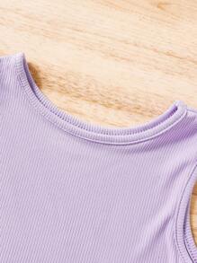 SHEIN Chicas bajo con fruncido Top tank & Pantalones acampanados - Lila Púrpura - Ver 4