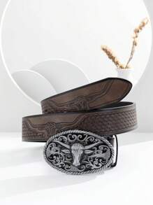 1入組男士編織圖案牛頭裝飾復古橢圓形搭扣腰帶適用於日常 - 駝色 - 查看 3