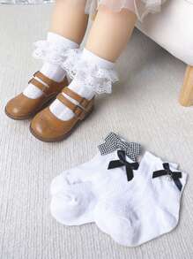 5pairs Toddler Girls Bow & Faux Pearl Decor Lace Ruffle Trim Casual Ankle Socks For Daily Life - White - View 1