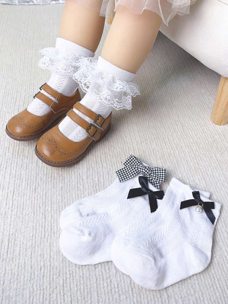 5pairs Toddler Girls Bow & Faux Pearl Decor Lace Ruffle Trim Casual Ankle Socks For Daily Life - White - View 1