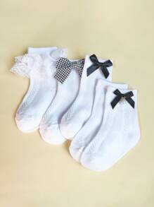5pairs Toddler Girls Bow & Faux Pearl Decor Lace Ruffle Trim Casual Ankle Socks For Daily Life - White - View 2