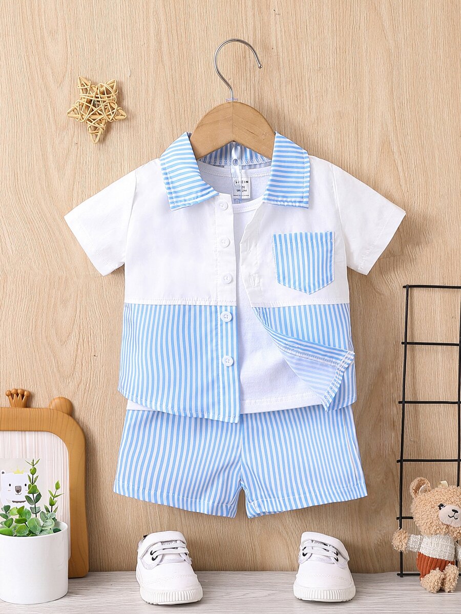 Đứa bé trai Sọc Đã vá Túi Áo sơ mi & Quần short - Xanh và trắng - Xem 1