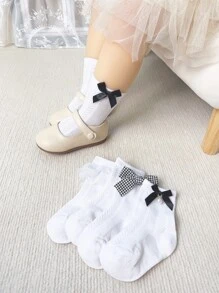 5pairs Toddler Girls Bow & Faux Pearl Decor Lace Ruffle Trim Casual Ankle Socks For Daily Life - White - View 3