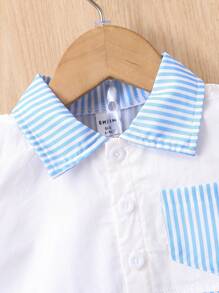 Đứa bé trai Sọc Đã vá Túi Áo sơ mi & Quần short - Xanh và trắng - Xem 3