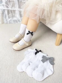 5pairs Toddler Girls Bow & Faux Pearl Decor Lace Ruffle Trim Casual Ankle Socks For Daily Life - White - View 5