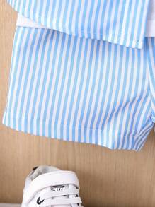 Đứa bé trai Sọc Đã vá Túi Áo sơ mi & Quần short - Xanh và trắng - Xem 5