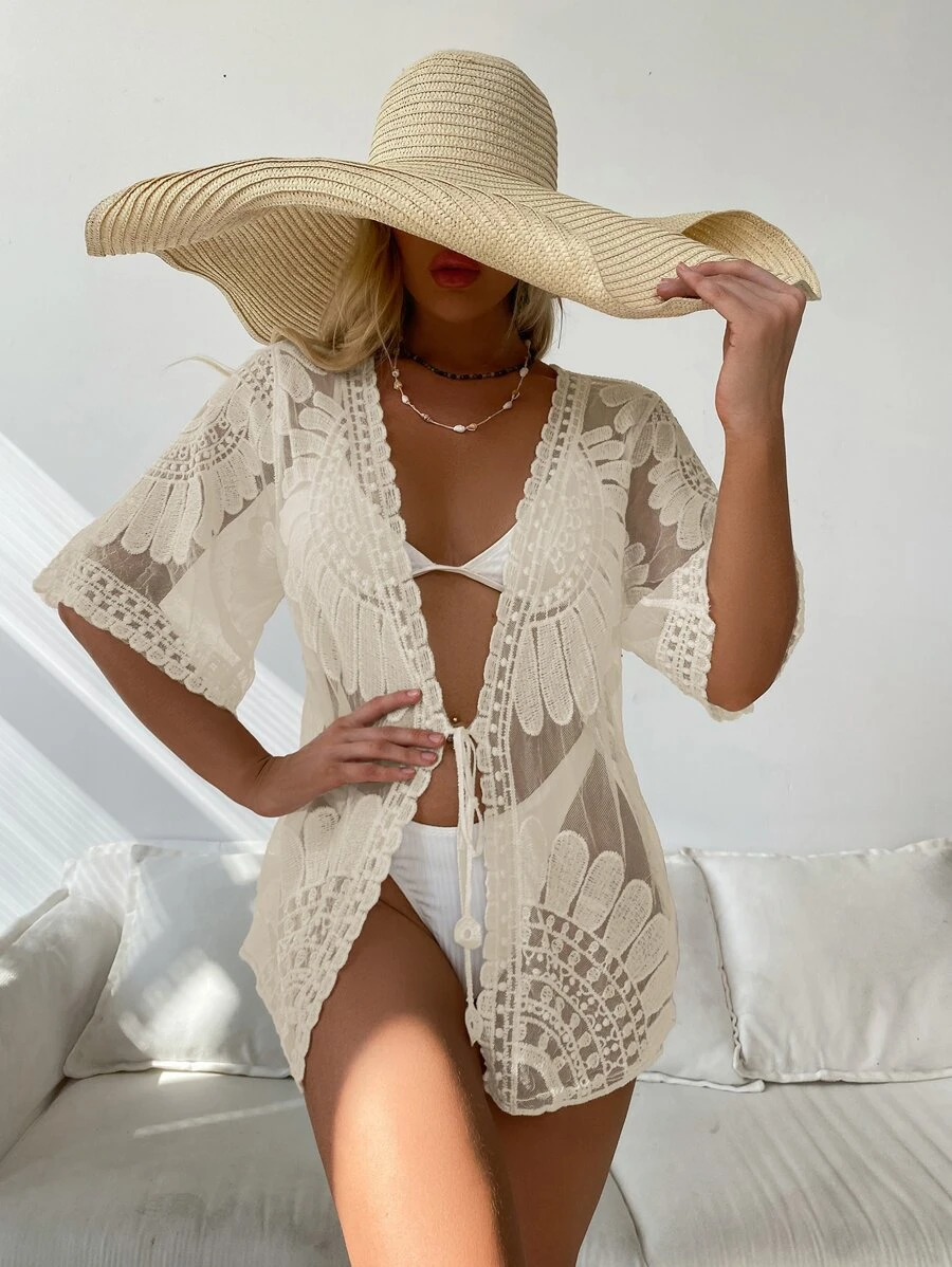 Hollow Out Embroidery Mesh Kimono - Beige - View 1