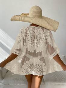 Hollow Out Embroidery Mesh Kimono - Beige - View 2