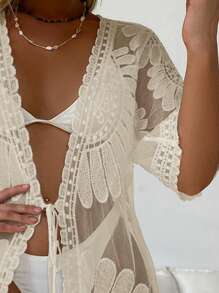 Hollow Out Embroidery Mesh Kimono - Beige - View 3