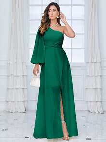 UNITHORSE 單肩燈籠袖前扭結雪紡伴娘連衣裙 - 墨綠色 - 查看 6