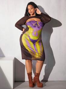 SHEIN CURVE+ Vestido mapa de calor corporal con estampado con abertura delantera - Multicolor - Ver 4